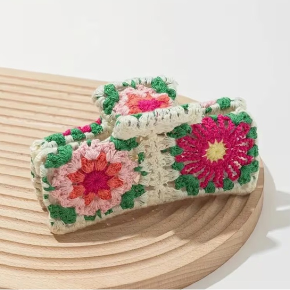 NEW! Handmade Crochet Flower Hair Clip - Pink & Green